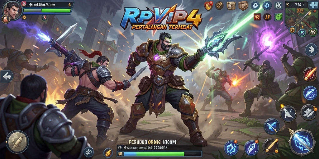 Screenshot gameplay RPVIP4 menampilkan pertarungan epik antara karakter-karakter tangguh.